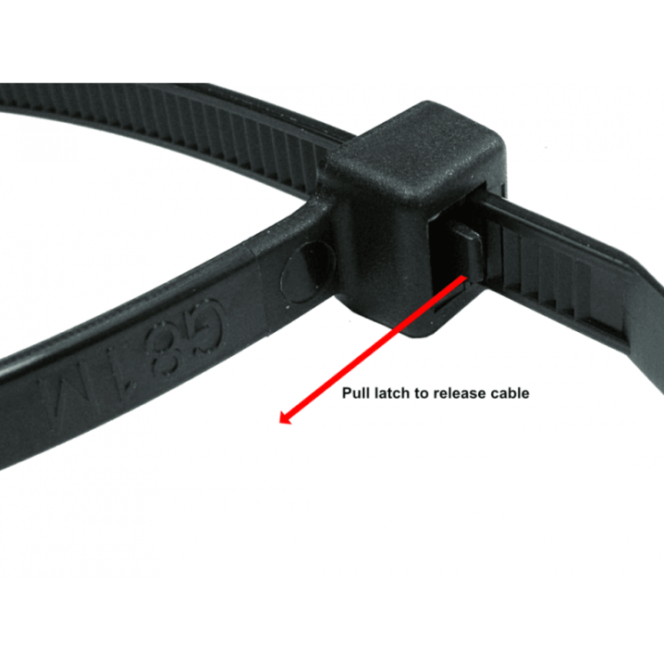 200mm x 4.8mm Black Releasable Cable Ties - 100 Pack