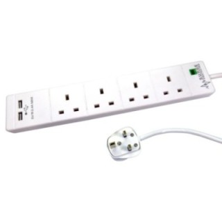 2m 4 Gang Surge Protected UK Power Extension with USB