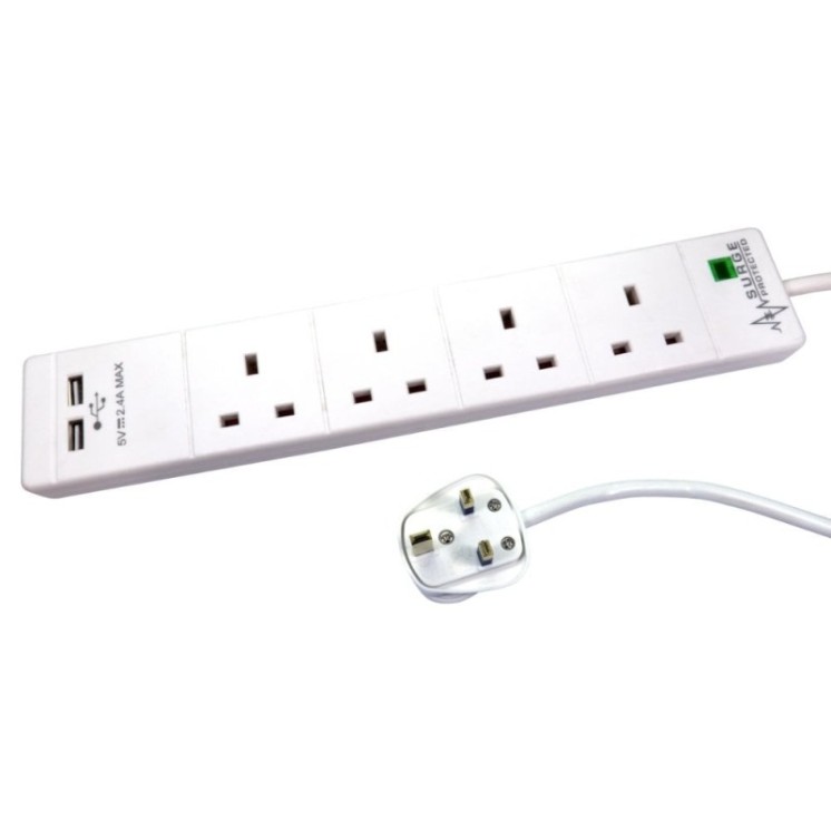 2m 4 Gang Surge Protected UK Power Extension with USB