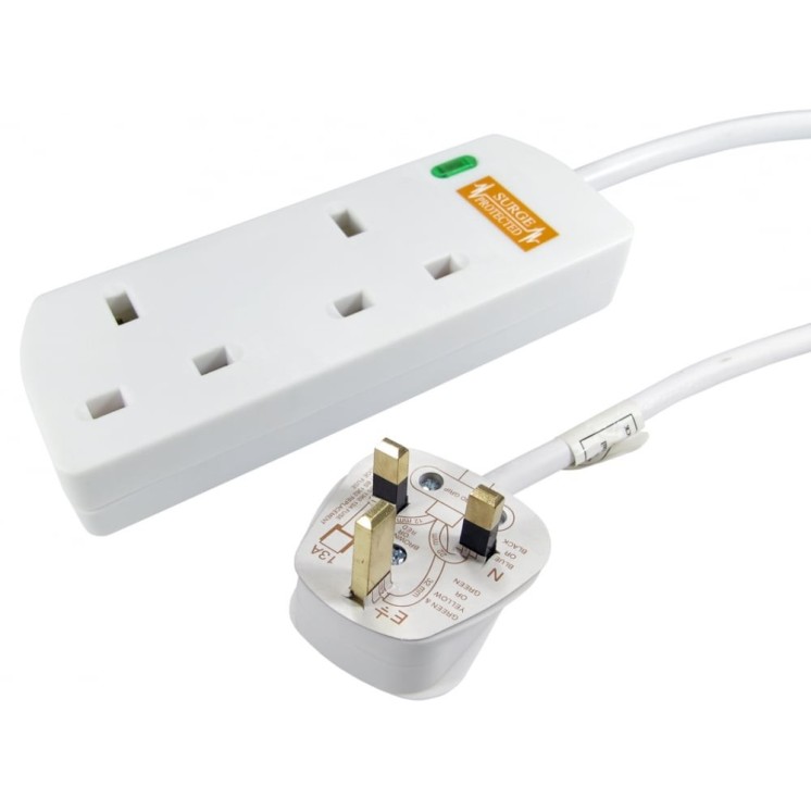 2m Surge Protected UK Power Extension - 2 Ports