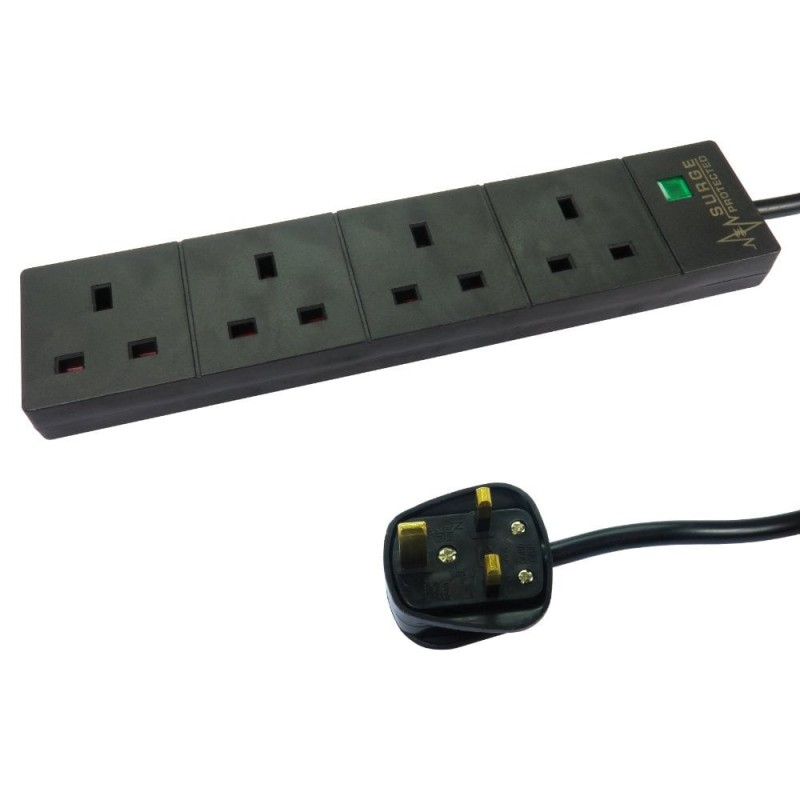 2m 4 Port Surge Protected UK Power Extension - Black