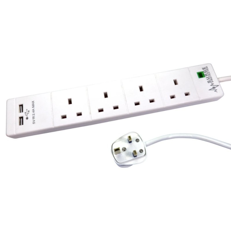 2m 4 Gang Surge Protected UK Power Extension with USB