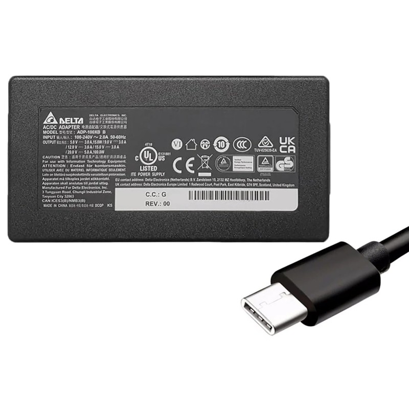 Original Delta 100W USB‑C laptop power adapter with multi‑wattage output (20V/15V/12V/9V/5V). Reliable