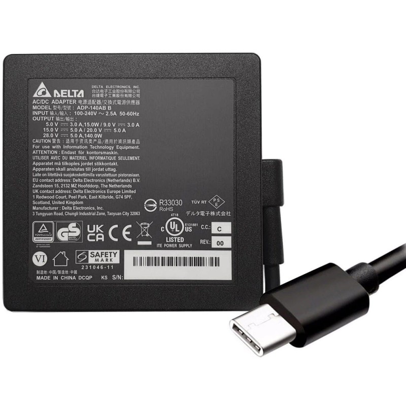 Original Delta 140W USB‑C laptop power adapter with multi‑wattage output (28V/20V/15V/9V/5V). High‑power