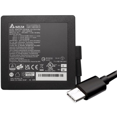 Original Delta 140W USB‑C laptop power adapter with multi‑wattage output (28V/20V/15V/9V/5V). High‑power