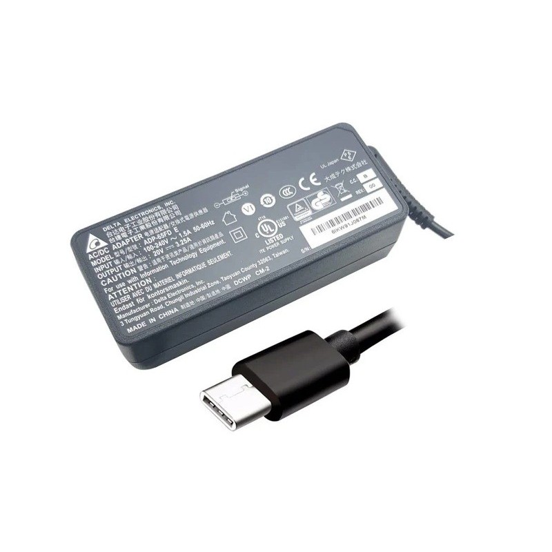 Original Delta 65W USB‑C laptop power adapter with multi‑wattage output and power cable