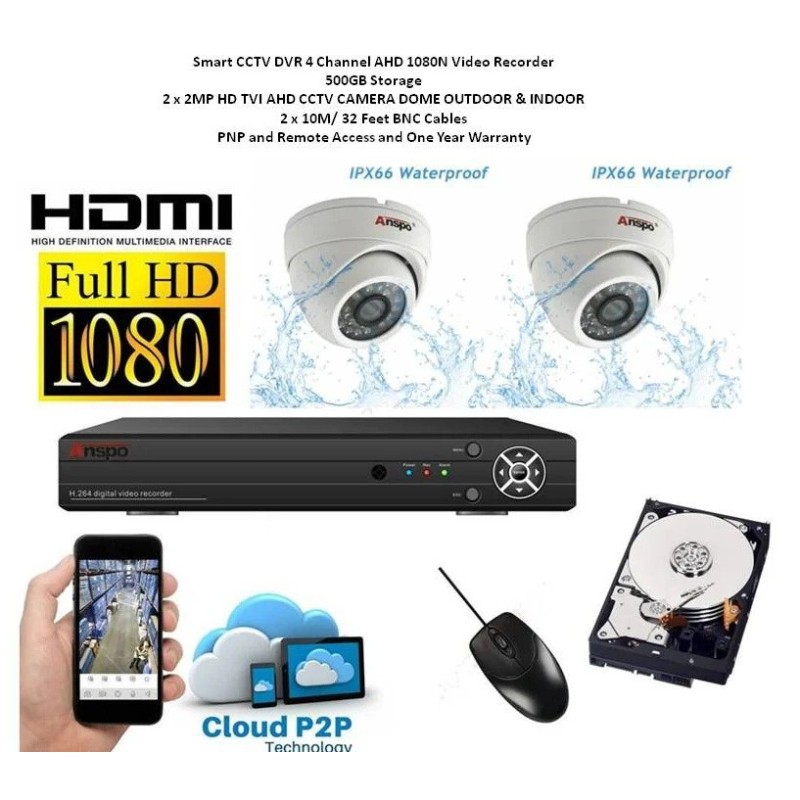 Full HD CCTV Kit with 2× 1080P Dome Cameras and 4‑Channel 500GB DVR
