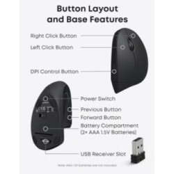 Wireless Vertical Ergonomic Optical Mouse in Black with 1600 DPI and 5 Buttons