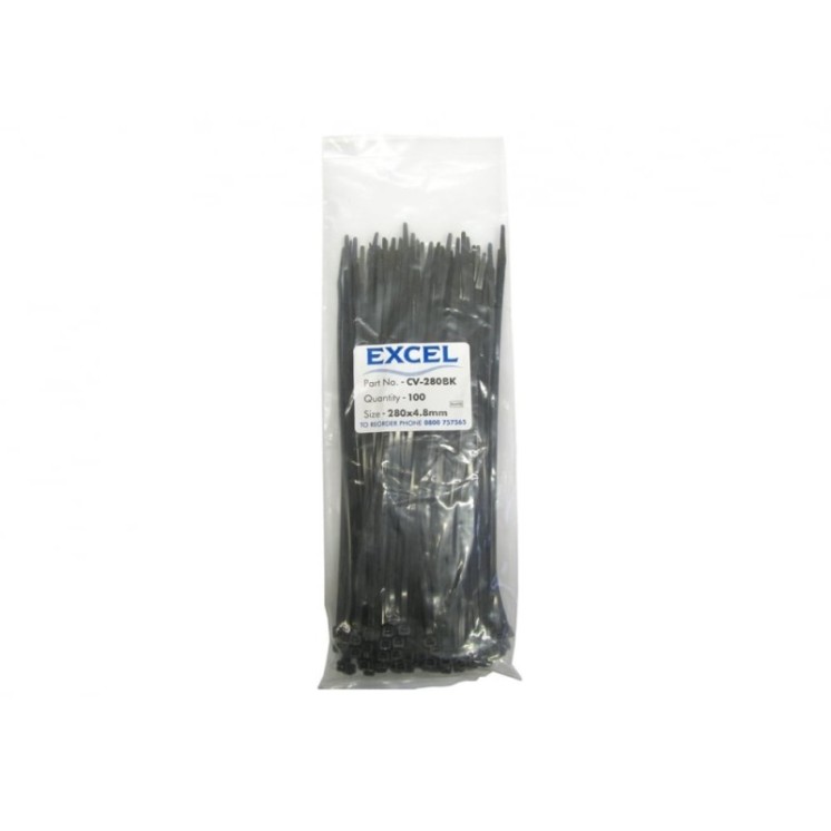 300mm x 4.8mm Black Cable Ties - 100 Pack