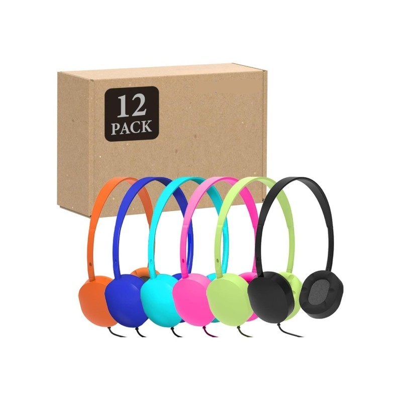 Durable 12‑pack of wired on‑ear classroom headphones with clear stereo sound