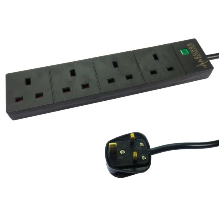 2m 4 Port Surge Protected UK Power Extension - Black